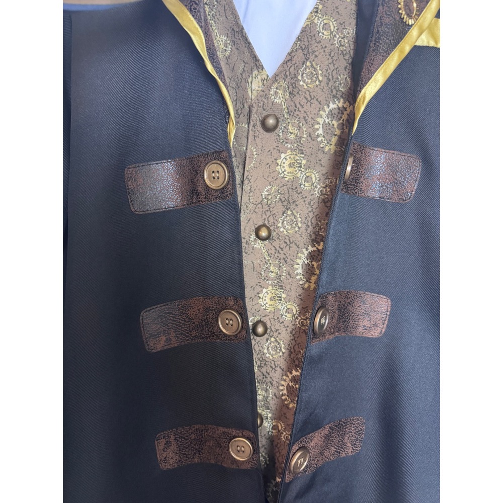 Steampunk Victorian Mens Costume Long Coat Vest Cravat Gear Details Black Gold - Picture 5 of 15